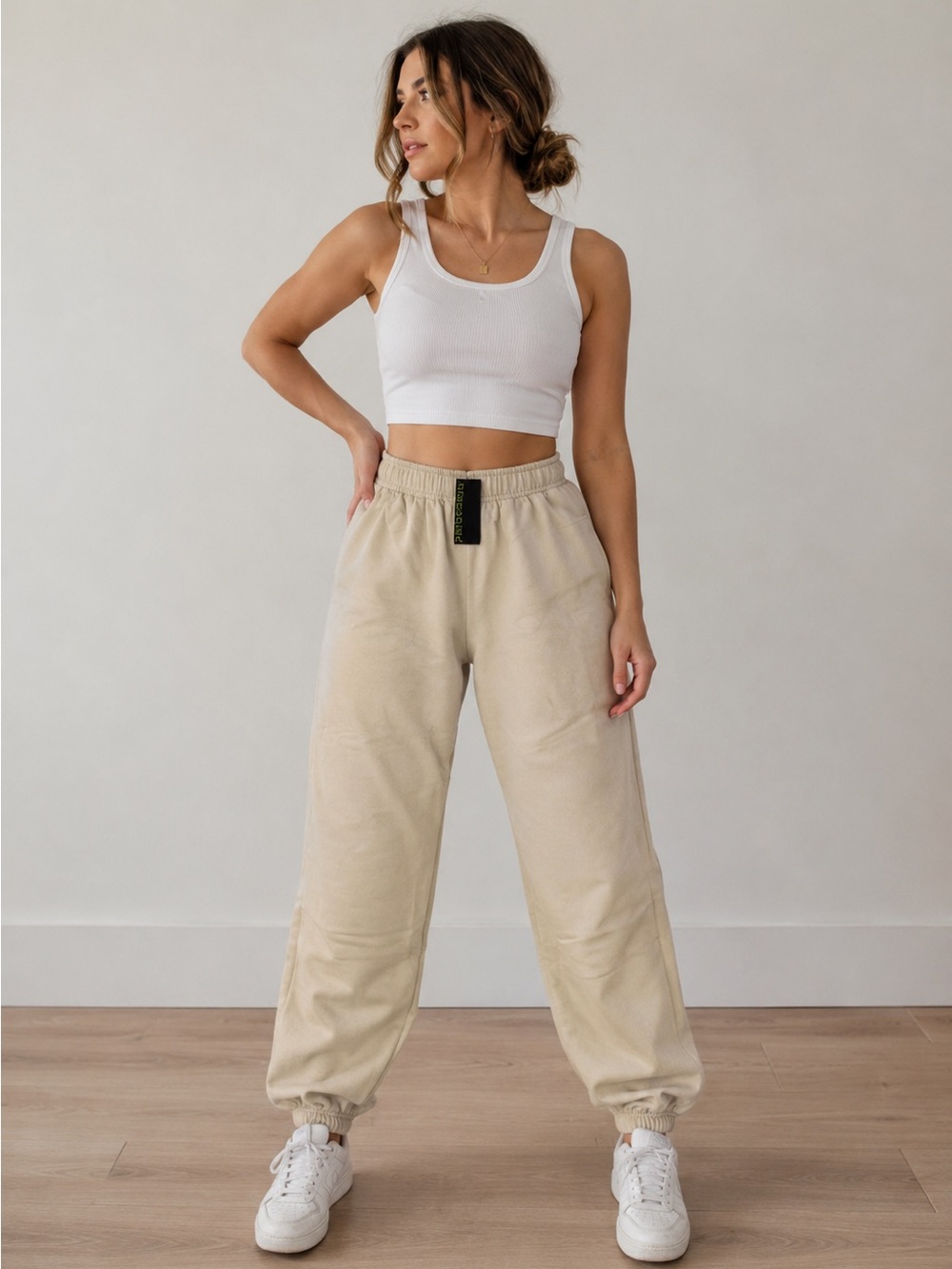 Pinspark Womens High Waisted Jogger Sweatpants Beige Tan Athletic Pants Size S